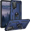 A blue rugged phone case with a ring holder is displayed in front of a smartphone. Produktbild-Vorschau