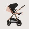 A side view of a black and gold stroller with adjustable canopy and footrest, with graphic overlays indicating adjustable features. Produktbild-Vorschau
