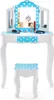 A white and blue polka dot children's vanity table and stool set against a white background. Produktbild-Vorschau