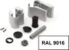 A collection of metal and plastic hardware components, likely for a door or window, laid out on a white background. A label with 'RAL 9016' is in the bottom right corner. Produktbild-Vorschau