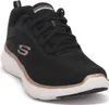 A black Skechers sneaker with rose gold accents and a white sole, shown from the side against a white background. Voir les images du produit