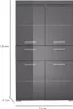 A tall, narrow gray cabinet with multiple doors and drawers, shown against a white background with measurement labels. Produktbild-Vorschau