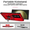A red phone case with a kickstand and camera cover is shown, along with comparisons to other cases. Produktbild-Vorschau