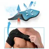 A diagram illustrating the breathable material of a shoulder brace, followed by a man wearing the brace. Anteprima dell’immagine prodotto