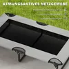 A raised dog bed with a mesh center, set against a grassy background and a tiled floor. Produktbild-Vorschau