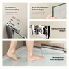 Collage of images showing features of a shower enclosure, including adjustable frame, tempered glass, quiet rollers, and waterproof seal, with a person's feet stepping into the shower. Anteprima dell’immagine prodotto