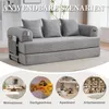 A grey sofa bed is shown in the main image, with four smaller circular images below depicting different room settings where the sofa could be used. Anteprima dell’immagine prodotto