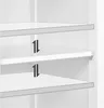 Close-up view of shelves in a white cabinet, with arrows indicating adjustable shelf height. Produktbild-Vorschau