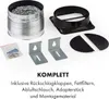 A collection of items that appear to be part of a ventilation system kit, including a flexible duct, a mounting bracket, and a shroud. Produktbild-Vorschau