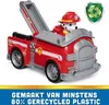 A toy fire truck with a dog character in the driver's seat, set against a white background with a blue and yellow banner at the bottom. Produktbild-Vorschau