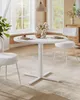 A white round dining table with chairs and floral arrangement in a bright room with large windows. Náhled obrázku produktu