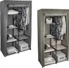 Two images of a portable fabric wardrobe with shelves and a hanging rod, filled with clothes and storage boxes. Náhled obrázku produktu