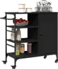 A black kitchen cart with shelves and a cabinet, stocked with various items like apples, bags, and jars of food. Podgląd zdjęcia produktu