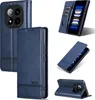 A collage of images showing a blue leather flip case for a smartphone from various angles, including its interior card slots and stand function. Produktbild-Vorschau