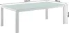 A white outdoor table with a glass top, shown with dimensions indicated. Voir les images du produit