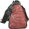 Close-up of a red handbag with embroidered details and a gray strap. Produktbild-Vorschau