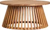 A round, wooden coffee table with a slatted top and a tapered base made of vertical wooden slats. Produktbild-Vorschau