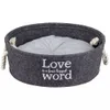 A round, gray felt pet bed with white rope handles and a light gray cushion inside. White text is embroidered on the front of the bed. Produktbild-Vorschau