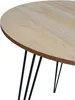 A close-up of a round wooden coffee table with black metal hairpin legs. Produktbild-Vorschau
