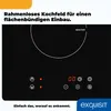 A close-up shot of an induction cooktop with touch controls and a digital display, featuring text overlays advertising its frameless design and ease of use. Produktbild-Vorschau