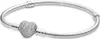 A silver Pandora Moments bracelet with a heart-shaped clasp encrusted with clear stones, presented on a white background. Anteprima dell’immagine prodotto