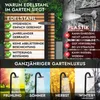 A marketing image comparing stainless steel and plastic garden showers, highlighting the benefits of stainless steel and showing the shower in different seasons. Produktbild-Vorschau