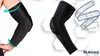 A collage showing an arm wearing a black elbow brace and a separate image of the elbow brace with a measuring tape. Produktbild-Vorschau
