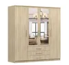 A light wood grain wardrobe with four mirrored doors and three drawers at the bottom. Voir les images du produit
