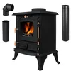 A black cast iron wood-burning stove with visible flames inside, along with chimney pipe accessories. Voir les images du produit