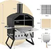 A diagram showing the dimensions of a pizza oven and its accessories. Produktbild-Vorschau