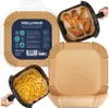 A collage of air fryer liners, showing the packaging, liners in use with fried chicken and french fries, and a stack of liners. Anteprima dell’immagine prodotto