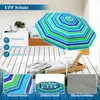 A striped beach umbrella is shown in a lifestyle setting on a wooden deck, with close-up insets highlighting product features. Náhled obrázku produktu