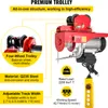 A red electric hoist trolley with various labels and diagrams highlighting its features. Náhľad obrázku produktu