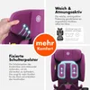 A collage of images showcasing a purple child car seat with various features highlighted. Produktbild-Vorschau