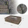 A close-up view of a wooden Christmas tree skirt with dimensions indicated, and a detail of a hinge mechanism. Voir les images du produit