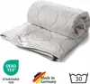 A folded duvet is shown on a white background, with several certification logos and icons at the bottom. Produktbild-Vorschau