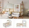 A children's house-shaped bed with drawers, shown in a room setting and as separate product shots. Podgląd zdjęcia produktu