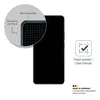 A black smartphone screen protector is shown with a magnified view of its edge and a checkmark icon indicating it is case-friendly. Produktbild-Vorschau