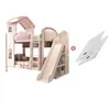 A pink and white bunk bed with a slide and ladder, shown against a white background. Two white textured squares are placed to the right of the bed. Produktbild-Vorschau