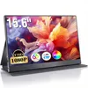 A portable monitor displayed on a stand, showcasing its screen with a colorful abstract image and feature badges. Produktbild-Vorschau