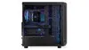 A black computer tower case with internal components visible through a tempered glass side panel. The internal components are illuminated with colorful RGB lighting. Produktbild-Vorschau