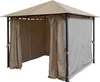 A sand-colored gazebo with black metal frame and curtains, shown from the front with an open entrance. Produktbild-Vorschau