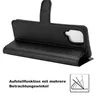 A black flip case for a smartphone is shown in an open position, demonstrating its stand-up feature. A small diagram illustrates the multi-angle viewing capability. Text in German describes this feature. Produktbild-Vorschau