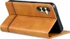 A brown leather flip case for a smartphone is shown from the side, with the phone partially inserted. Produktbild-Vorschau