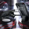 Two black phone cases with kickstands are displayed on a reflective surface with red and black circular accents. Produktbild-Vorschau