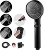 A collage of images showing a black hand-held shower head and its accessories, with some images demonstrating its use and features. Produktbild-Vorschau