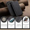 A black leather phone case is displayed on a brown textured background, with close-up insets highlighting its features. Produktbild-Vorschau