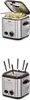 Two images of a silver mini deep fryer, one with the lid open and fries inside, and another with fondue forks inserted. Produktbild-Vorschau