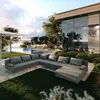 A modern outdoor living space with a large sectional sofa, swimming pool, and a contemporary house with glass walls. Podgląd zdjęcia produktu