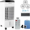 A collage of images showcasing a white air cooler, its remote control, and accessories, along with icons representing its functions. Produktbild-Vorschau